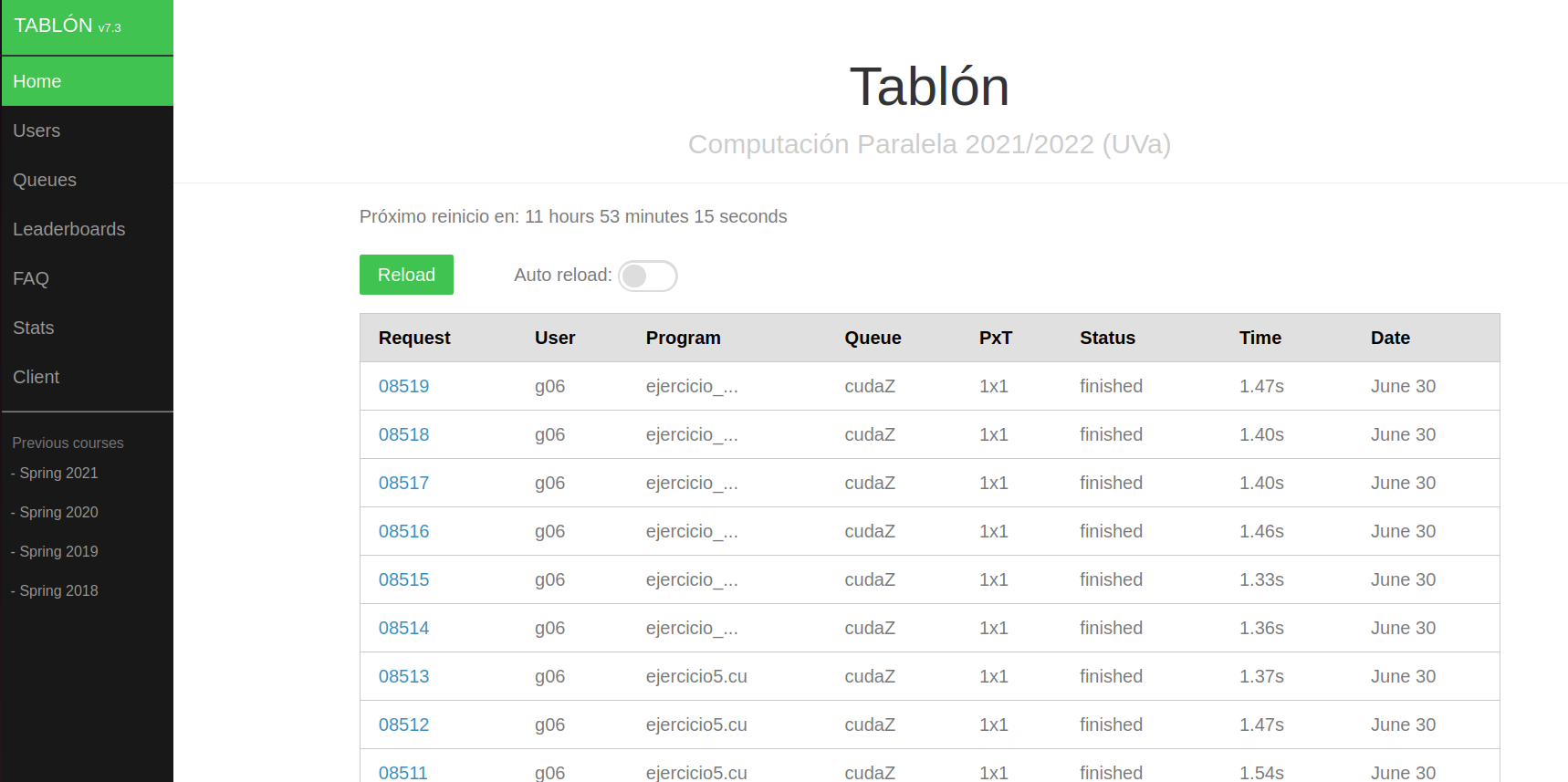 Tablon: Main web page showing last requests